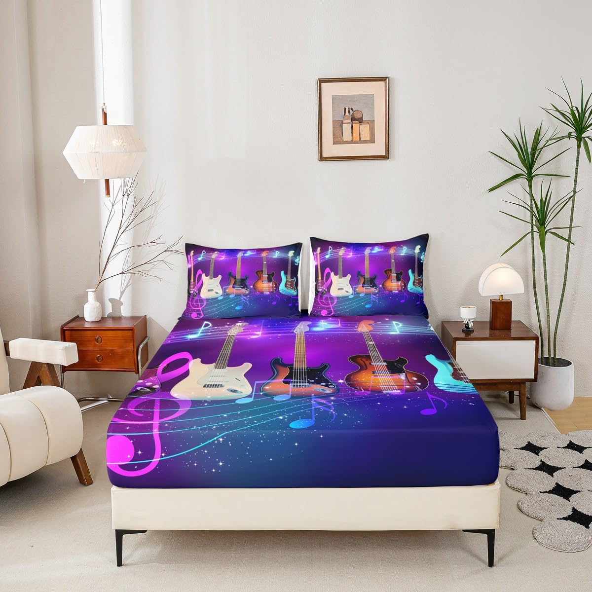 Erosebridal Guitar Bed Sheet Set King Size Colorful Mucical Notes Sheet Set with Deep Pocket for Kids Boys Girls Teens Rock Roll Music Bedding Set Glitter Hiphop Hippie Fitted Sheet Set 3 Pcs