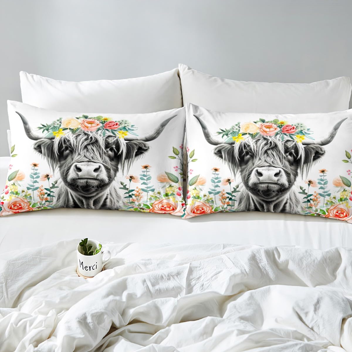 Highland Cow Bed Sheet Set for Girls Boys Kids Bull Cattle Flowers Bedding Set Wild Animal Fitted Sheet & Pillow Sham Set Floral Room Decor Wildlife Farmhouse Cow Bed Cover No Flat Sheet Twin Size