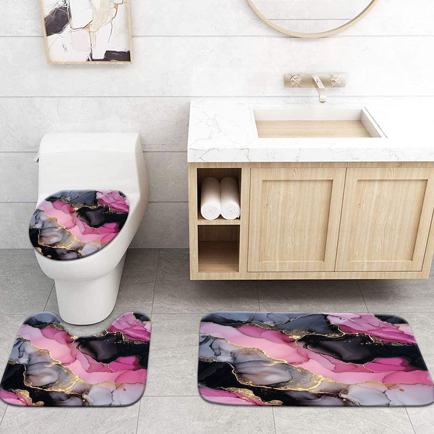Pink and Black Shower Curtain Sets for Bathroom Decor Abstract Pink Gold Shower Curtain and Rugs 4 Pcs, Waterproof Modern Marble Texture Bath Mat Carpet Guest Toilet Restroom Bathroom Accessories