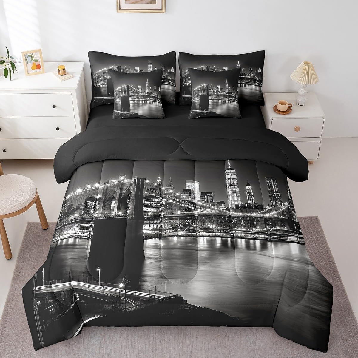 jejeloiu Cityscape Bed Set Twin Size Modern Bridge 7 Pieces Bedding Set for Kids Boys Girls Tall Building Decor Bed in a Bag with Comforter, Sheets, Pillowcases Breathable Lighting Bedroom Decor