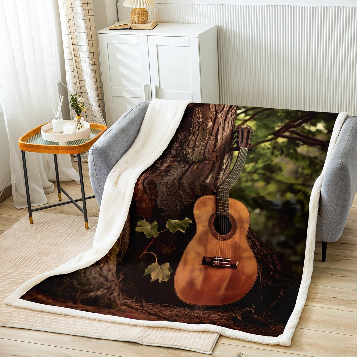 Guitar Music Themed Plush Throw Blanket - 50"x60" Sherpa Retro Guitar Instruments Print Warm Fuzzy Blanket for Sofa Couch Decor