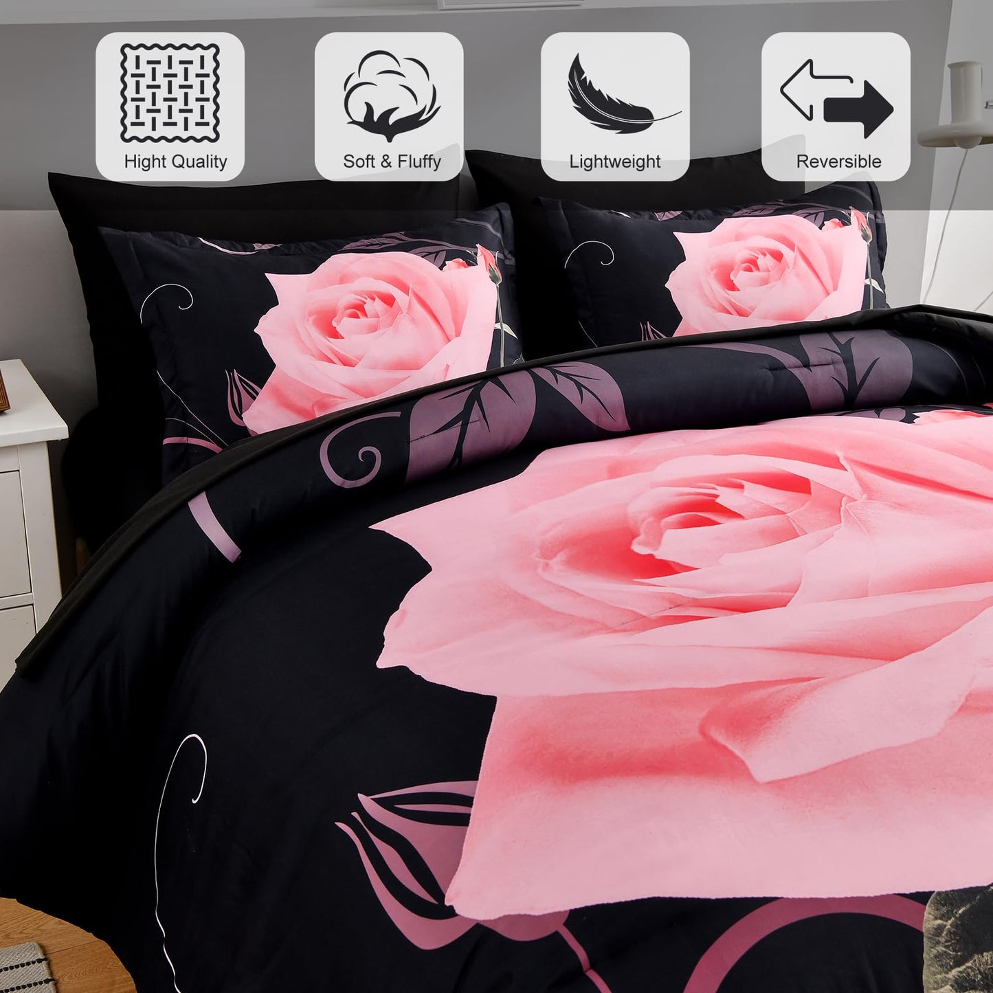 Xruibed Blush Comforter Set King 7 Piece Bed in a Bag Blush Rose Flower Comforter with Sheet Set Soft Micorfiber Bedding Set (1 Comforter,2 Pillow Shams,1 Flat Sheet,1 Fitted Sheet,2 Pillowcases)