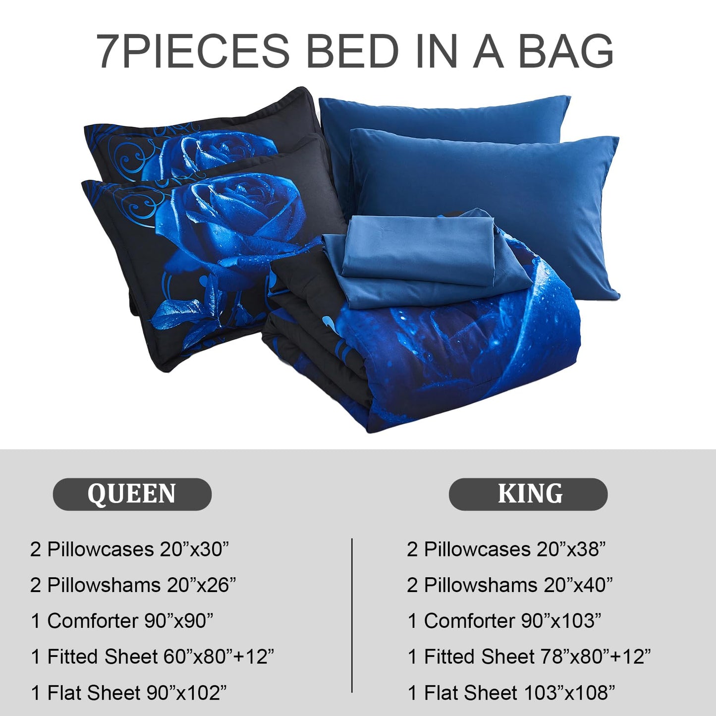 Xruibed Blue Comforter Set King 7 Piece Bed in a Bag Blue Rose Comforter with Sheet Set Soft Micorfiber Reversible Bedding Set (1 Comforter,2 Pillow Shams,1 Flat Sheet,1 Fitted Sheet,2 Pillowcases)