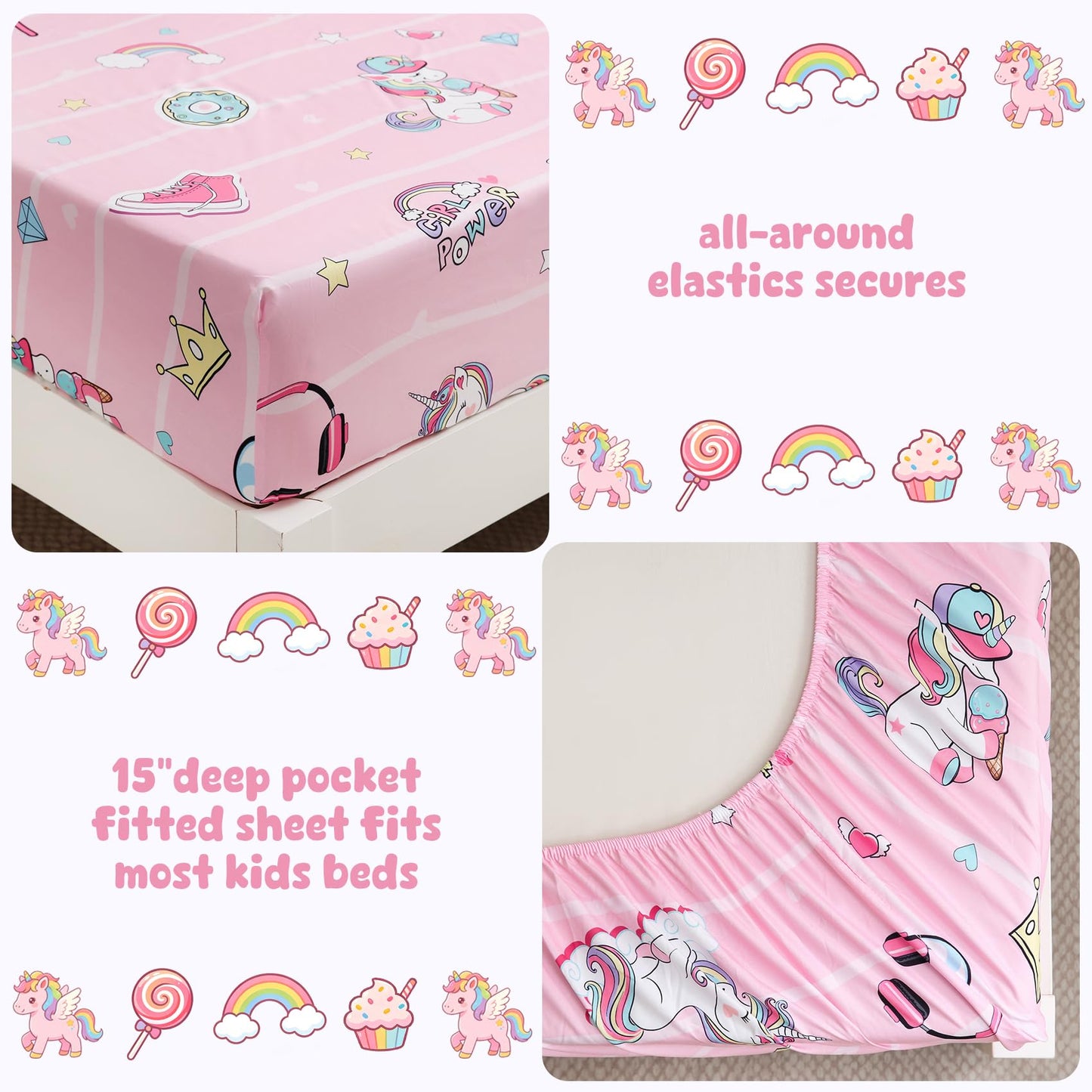 Ocharo Unicorn Twin Sheets Set Kids - 3 Pcs Girls Rainbow Printed Microfiber Bed Sheets,Pink Cartoon Style Deep Pocket Fitted Sheets,Soft Cute Sheets for Bedroom Room