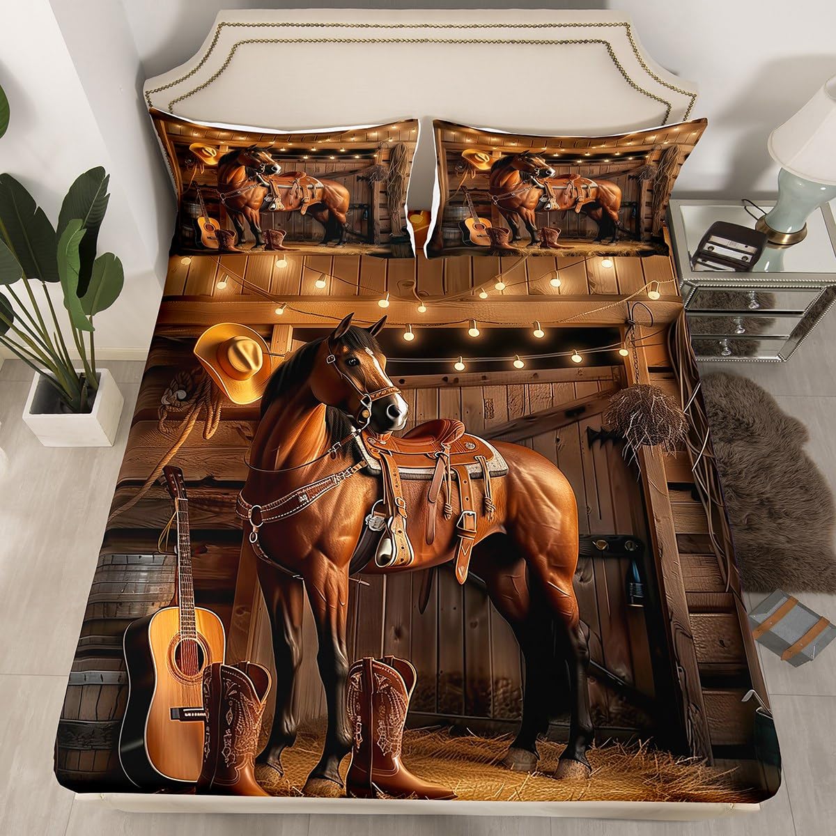jejeloiu Western Horse Bed Sheets Set Queen Size Cowboy Bed Set for Kids Boys Girls Wild West Cowboy Deep Pocket Fitted Sheet Rustic Breathable Soft Lightweight Microfiber