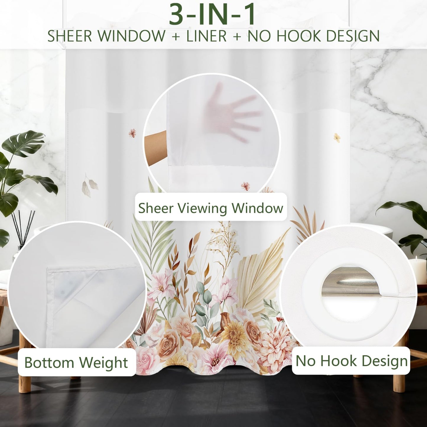 No Hook Shower Curtain with Snap in Fabric Liner Set, Waterproof & Washable,Tan Boho Watercolor Leaf Plant Floral Shower Curtains for Bathroom, Hotel Farmhouse Bathroom Curtain, House Gift, 71x74 Inch
