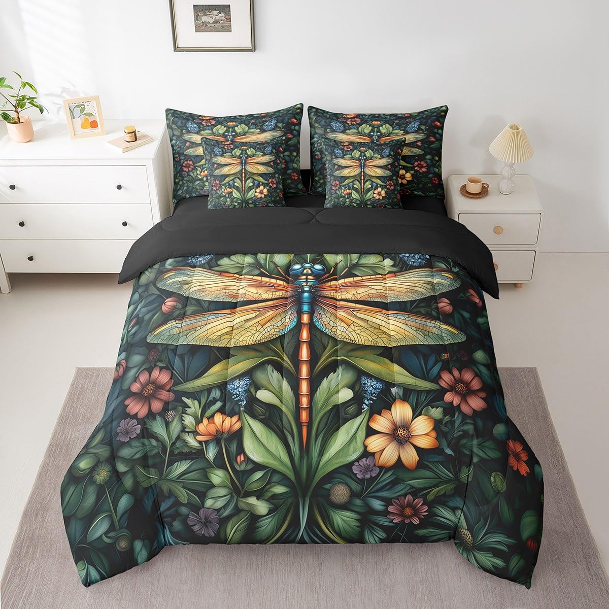 Erosebridal Dragonfly Bedding Set for Kids Teens,Flying Dragonflies Comforter Set King Size,Floral Leaves (Comforter+Fitted+Flat Sheet+2 Pillowcases+2 Throw Pillow Covers) 7 Pieces Bed Set