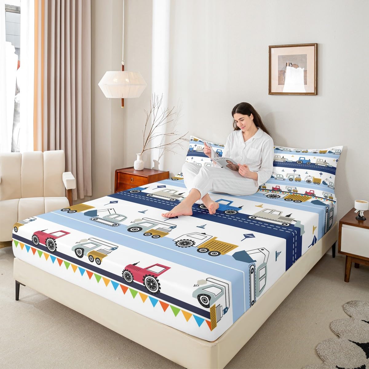 Feelyou Construction Sheet Set Kids Equipment Trucks Sheets with Deep Pocket Fitted Sheet Boys Cartoon Car Excavator Tractor Bed Sheets Set Construction Vehicles Blue White Bedding Set Full Size