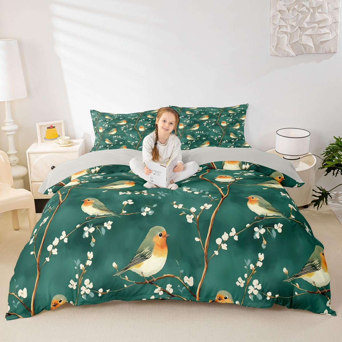 Erosebridal Bird Duvet Cover Twin Branches Comforter Cover for Kids Teens Leaves Floral Bedding Set Wildlife Animals Botanical Bed Set
