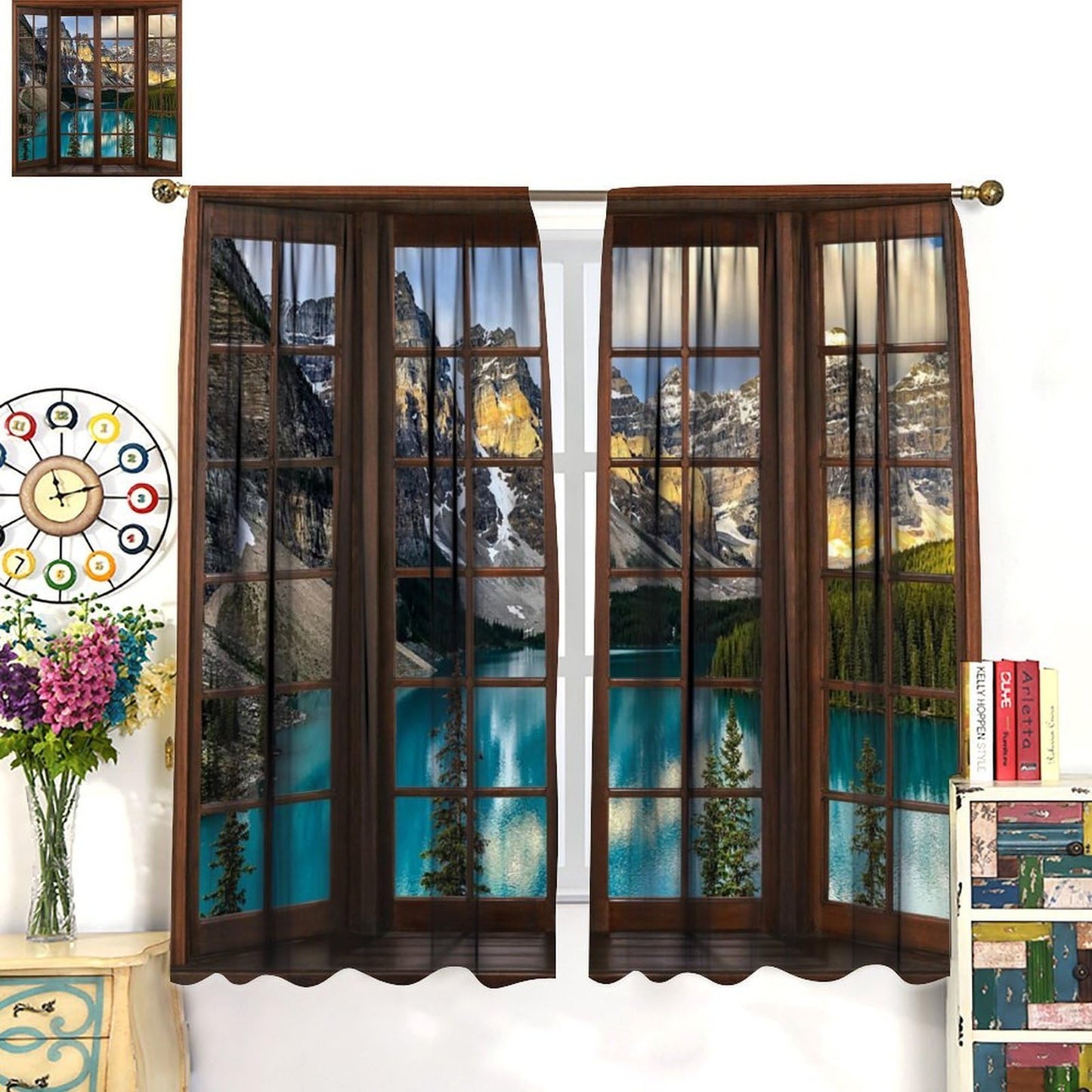 Nanacur 3D Window Lake View Curtains, Nature Landscape Spring Forest Mountains Rod Pocket Window Treatment for Living Bedroom Office Cafe Kitchen Drapes 41" W X 45" L (No Blackout)