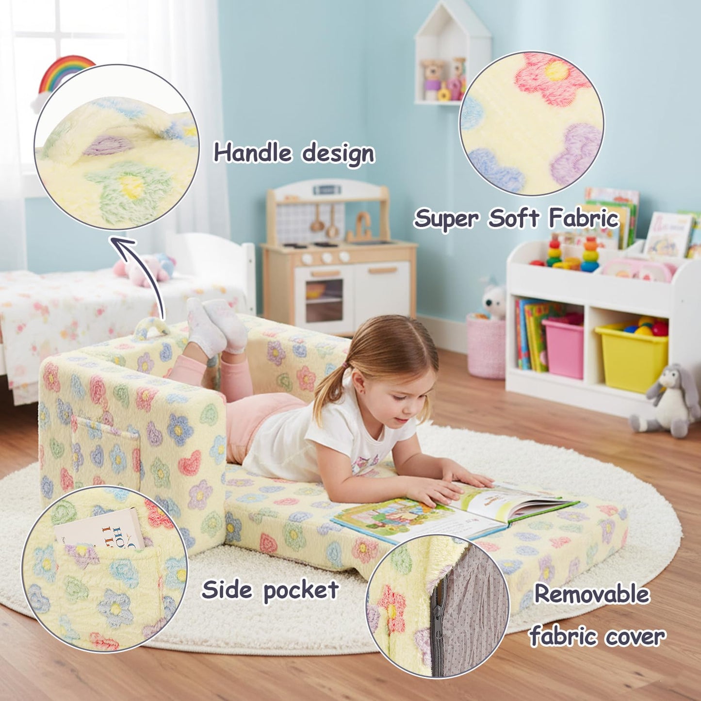 Tiita 2-in-1 Kids Sofa, Convertible Children Couch to Lounger, Flip Out Kids Chair, Toddler Armrest Chair Bed, Folding Kid Play Sofa for Girl or Boy, Flower