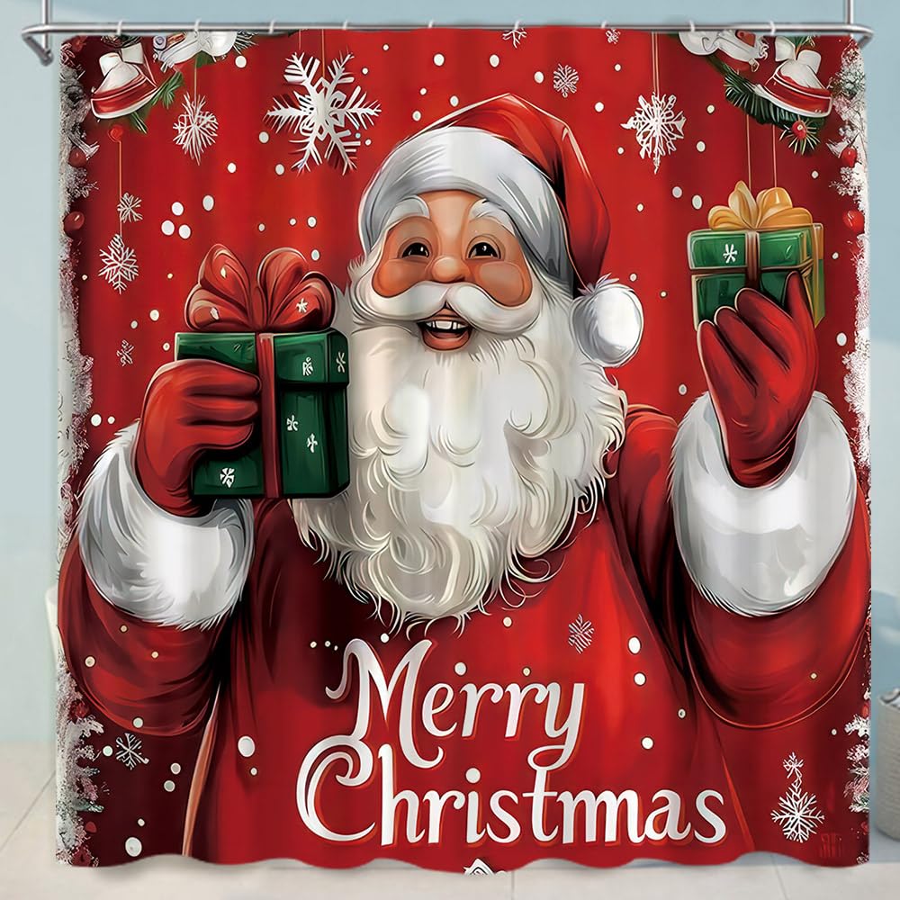 Czrqvyx Merry Christmas Shower Curtain Sets for Bathroom,Red Santa Claus with Non-Slip Rugs Toilet Lid Cover and Bath Mat 12 Hooks Waterproof 4 PCS Bathroom Decor Set for Christmas Decor