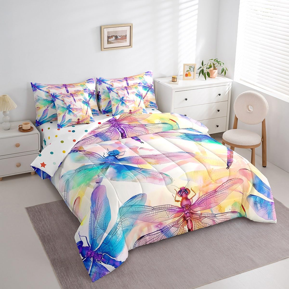 Erosebridal Rainbow Dragonfly Bedding Set 7Pcs,Gradient Ombre Dragonflies Comforter Set Queen,Fantasy Flying Wildlife Safari Animal Bed in a Bag