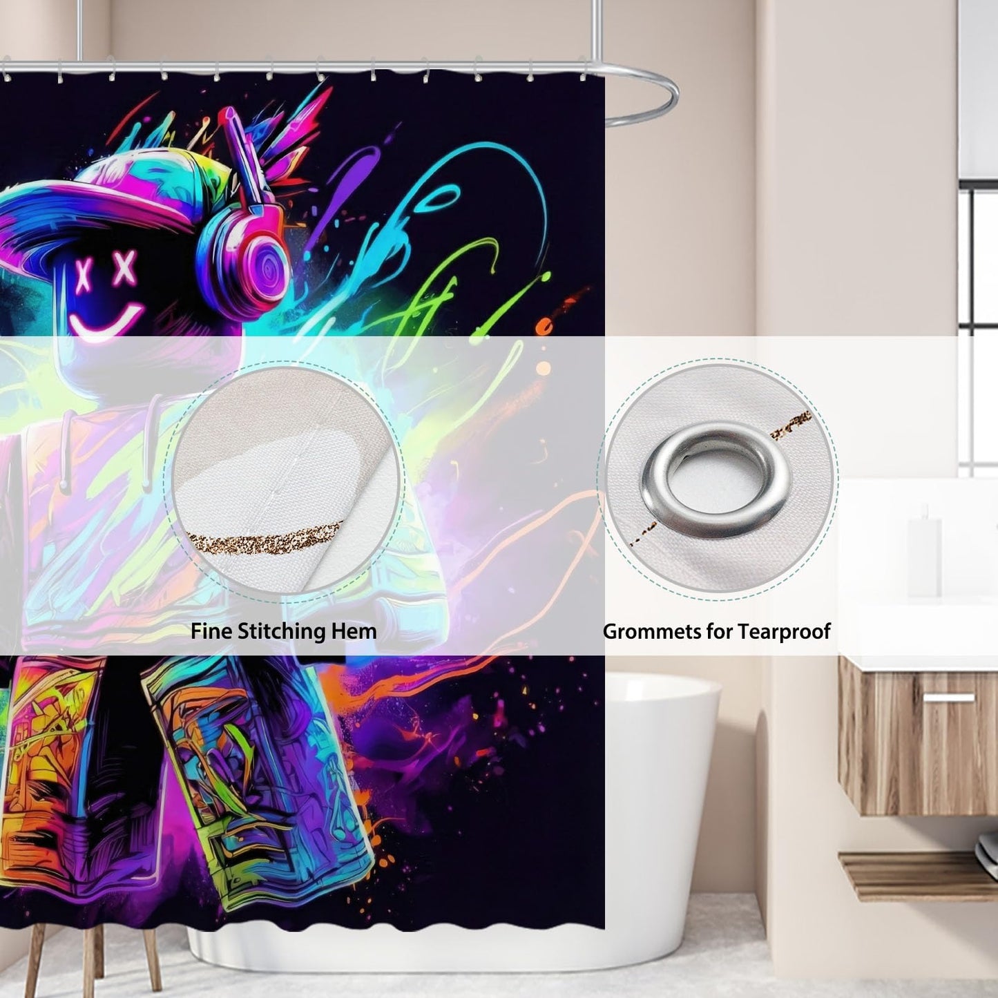 Funnytree Neon Game Shower Curtain 72"x72" - Waterproof Fabric Bathroom Decor for Teen Boys Girls Boyfriend Girlfriend, Easy Care Washable (Hooks Not Included)