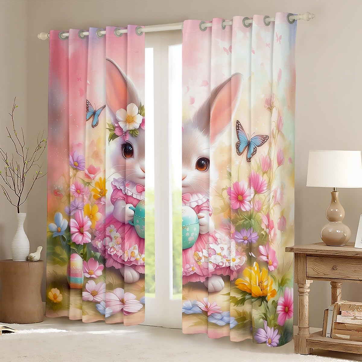 Feelyou Pink Cute Rabbit Curtains,Dreamy Princess Rabbit Window Curtains for Bedroom Living Room,Floral Bunny Rabbit Window Drapes,Happy Easter Blackout Curtains, 42W X 84L,2 Panels