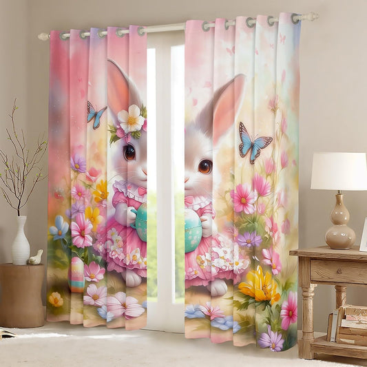 Feelyou Pink Cute Rabbit Curtains,Dreamy Princess Rabbit Window Curtains for Bedroom Living Room,Floral Bunny Rabbit Window Drapes,Happy Easter Blackout Curtains, 42W X 84L,2 Panels