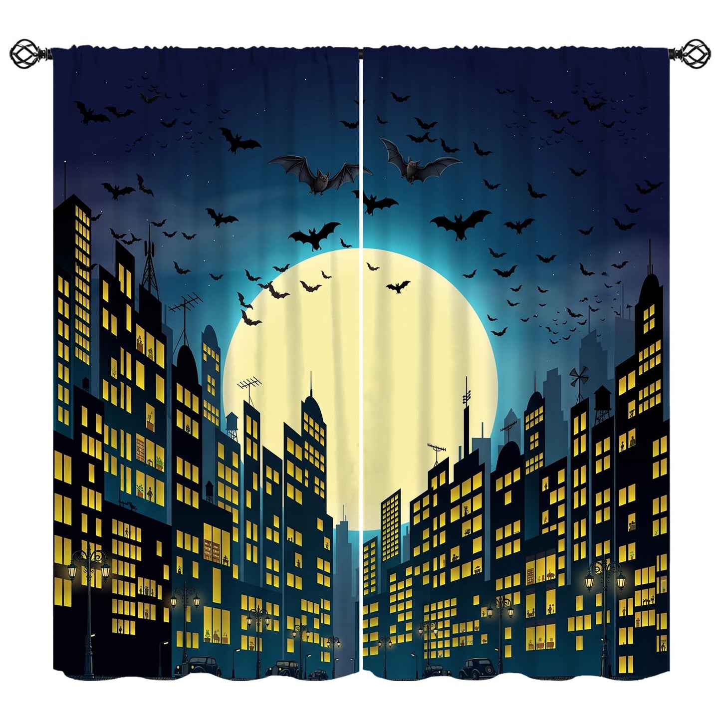 Djaby City Heroes Curtains, Night Bat Heroes Moon Cartoon City Window Treatments for Living Room Kids Boys Bedroom Home 42" W X 45" L(No Blackout)