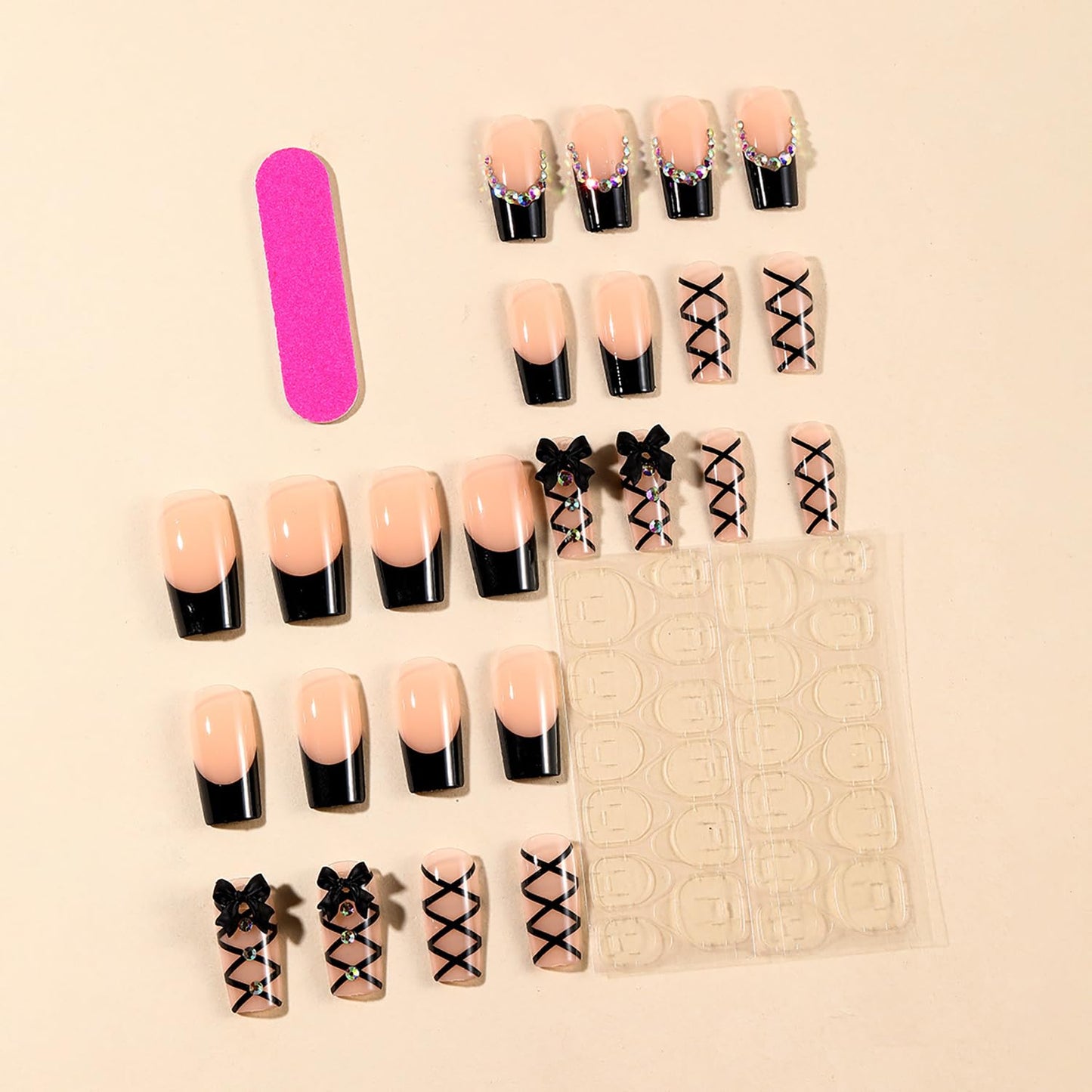 24Pcs Black French Press on Medium Square Bow Tie False Nails - Rhinestones Design Full Cover Coffin Artificial Stick on Acrylic Nails - Reusable Glue on Manicure Kit for Women