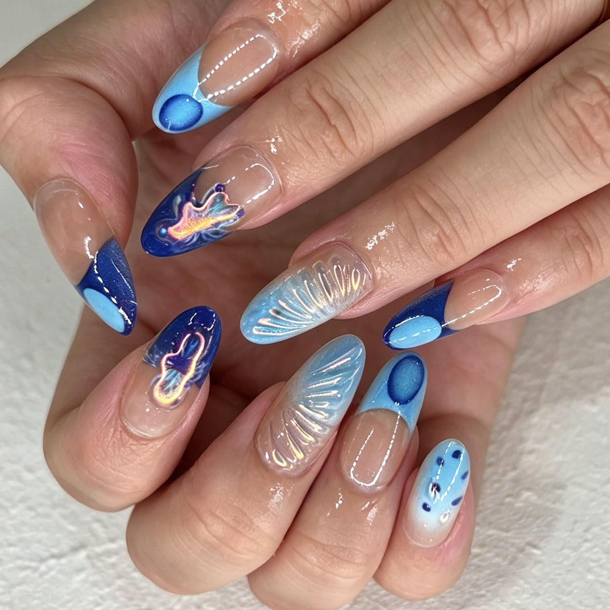 3D Press On Nails Almond Medium Light Blue French Fake Nails with Embossed Fan-Shaped&Plating Flower Designs, Acrylic Artificial Nail Press ons False Stick On Nails for Women Girls 30Pcs