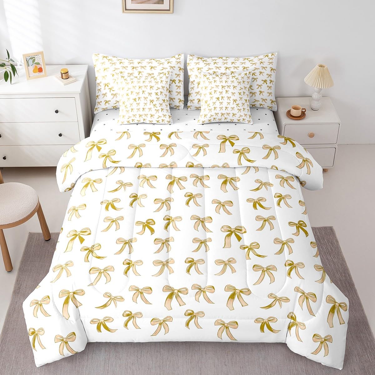 Erosebridal Yellow Bowknot Twin Comforter Set Bed in a Bag, Kawaii Dreamy Ribbon Reversible Bedding Sets for Kids Girls, Cartoon Bow Tie Printed Bedding Accessories for Bed, Cute Girly Bed Sheets Set