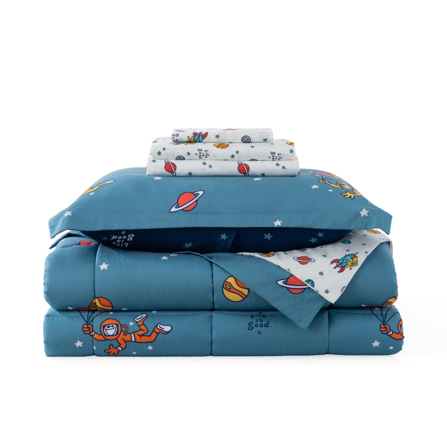 Berkshire LIG Printed Reversible Microfiber Comforter Set–7-Piece, Ultra Soft All-Season Bedding, Wrinkle & Fade Resistant, Queen, Space Explorer Smoky Blue