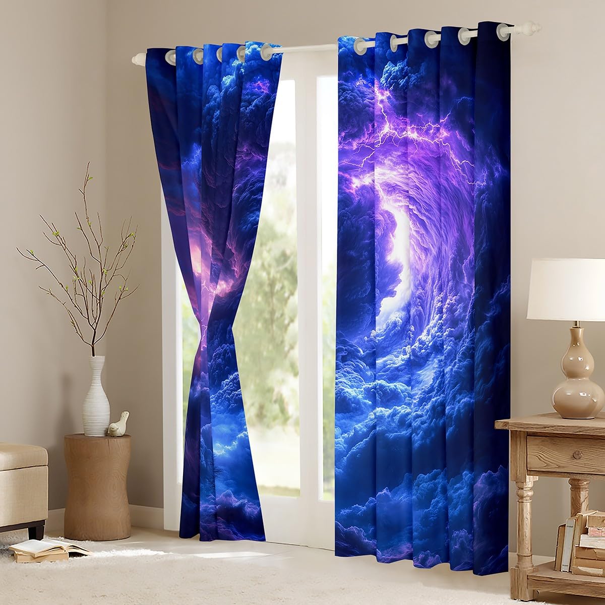 Erosebridal Tornados Curtains 38" Wx45 L,Purple Blue Lightning Window Curtains Drapes for Kids Boys Adults,Natural Disaster Room Decor for Storm Chaser