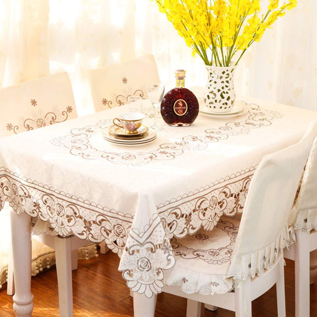 LeLehome Brown Flower Embroidered Lace Cream Beige Square Tablecloth, Vintage Classic Dining Table Cloth Wrinkle Free Table Cover 57 Inch x 57 Inch Party