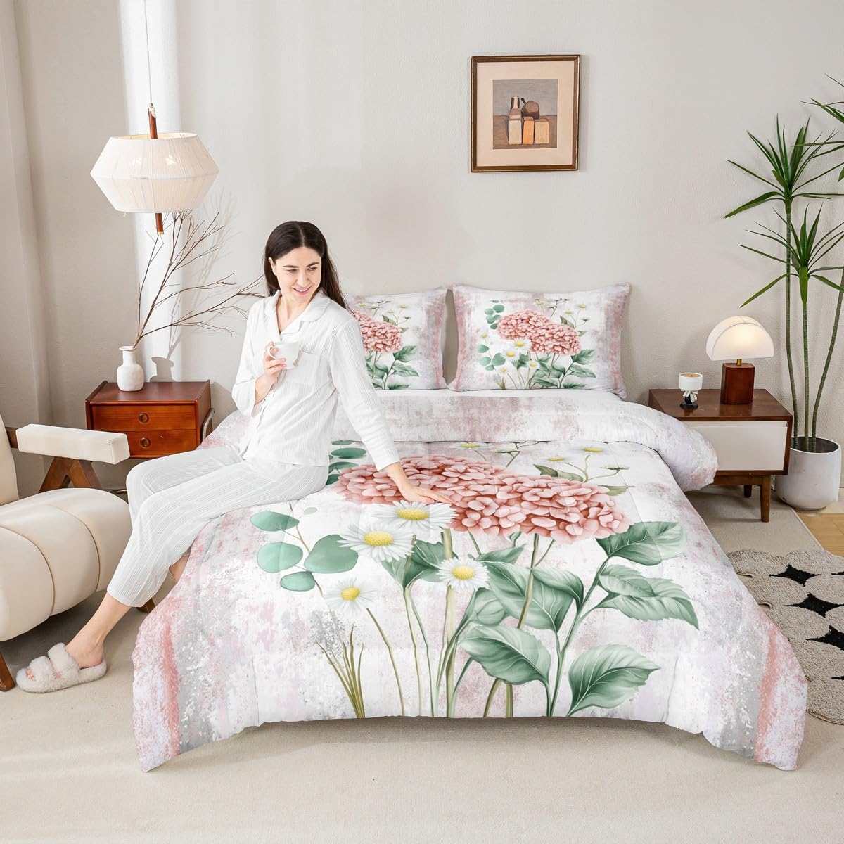 Erosebridal Watercolor Flowers Queen Comforter Set Abstract Oil Painting Hydrangea Bedding Set Rustic Farmhouse Bed Set Ombre Orange White Quilt Set