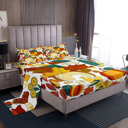 Kids 70s Groovy Hippie Retro Bed Sheet Set King Size,Vintage Fall Floral Leaves Bedding Set for Children Adult Present,Mushroom Pumpkin Rainbow Bedding (1 Fitted,1 Flat,2 Pillowcases), Microfiber