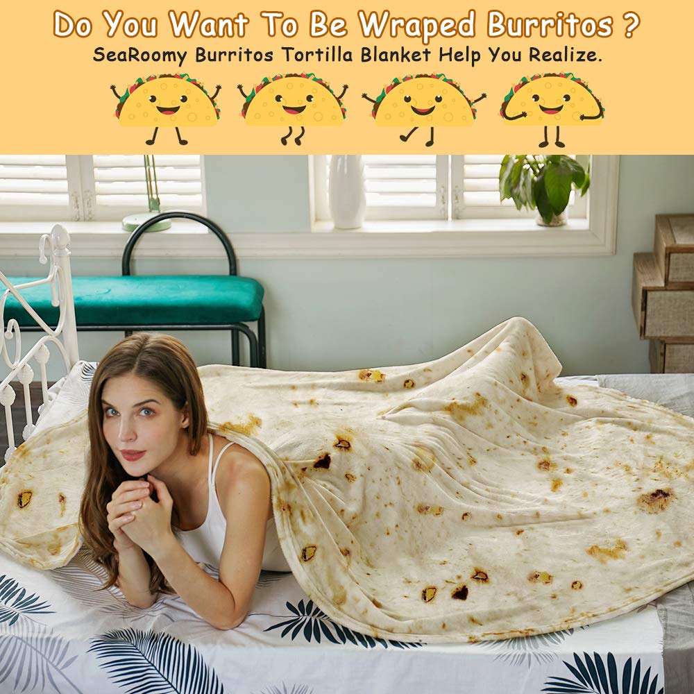 SeaRoomy Burritos Tortilla Throw Blanket, Tortilla Wrap Blanket, Novelty Funny Tortillas Round Blanket Giant Tortillas Round Soft Blankets for Adults and Kids (Beige, 60 inches)
