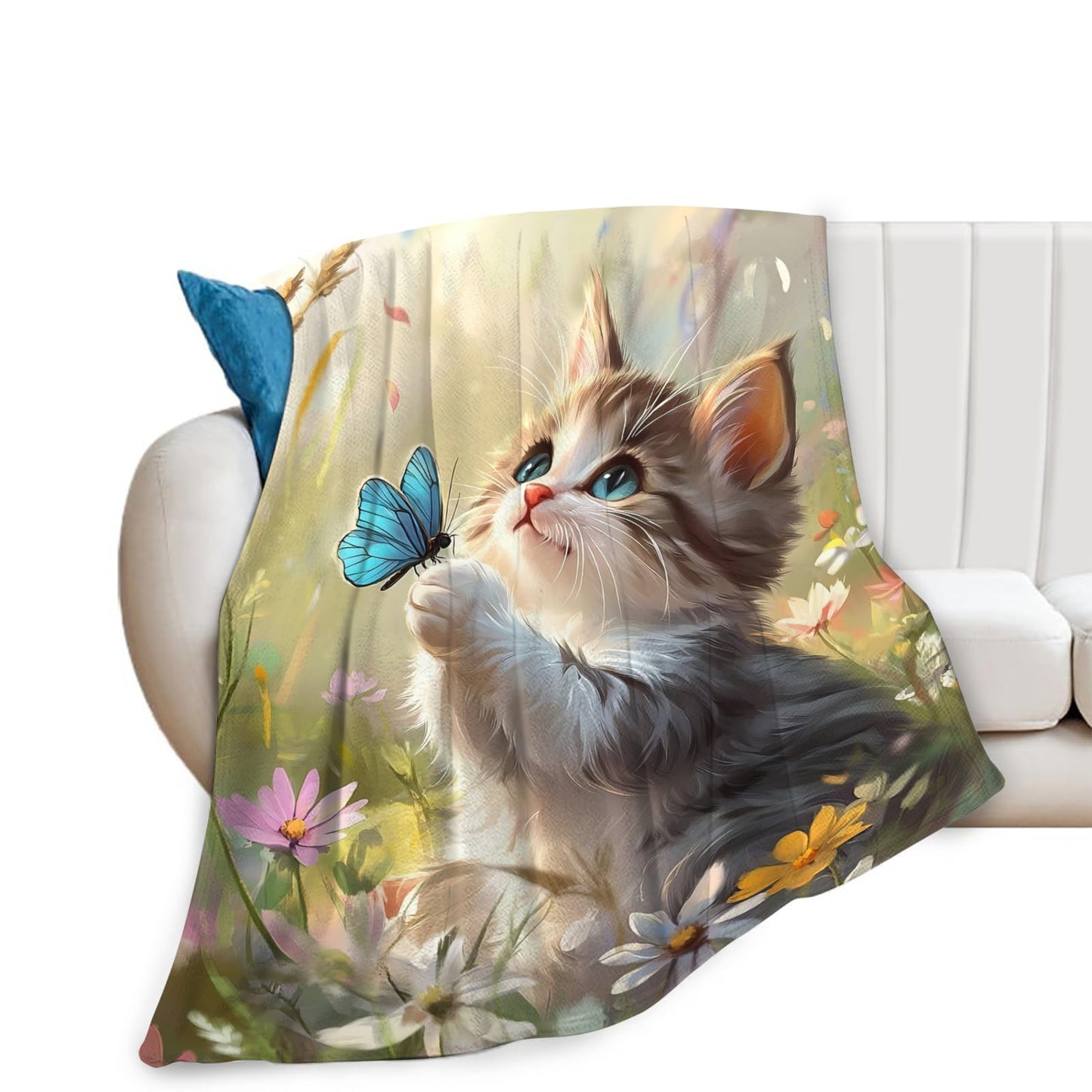 Baegopa Cat Blanket Gifts for Girls Boys Blue Butterfly Throw Blankets Cozy Plush Cute Flower Fleece Lightweight Flannel Fuzzy 50"X40"