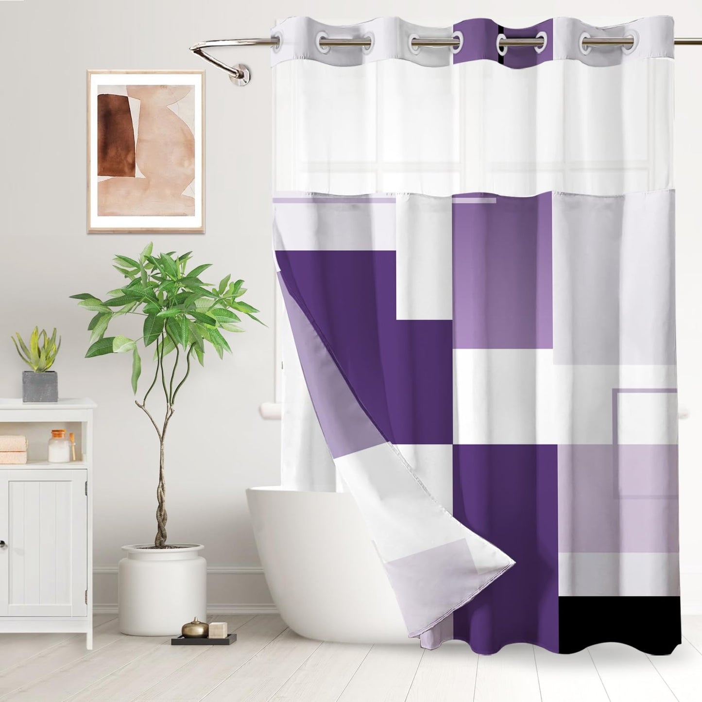 Purple Hookless Shower Curtain Set with Snap in Liner, Purple White Bathroom Decor, 71x74 Inches, Geometric Bathroom Curtain with Liner and See Through Top Window