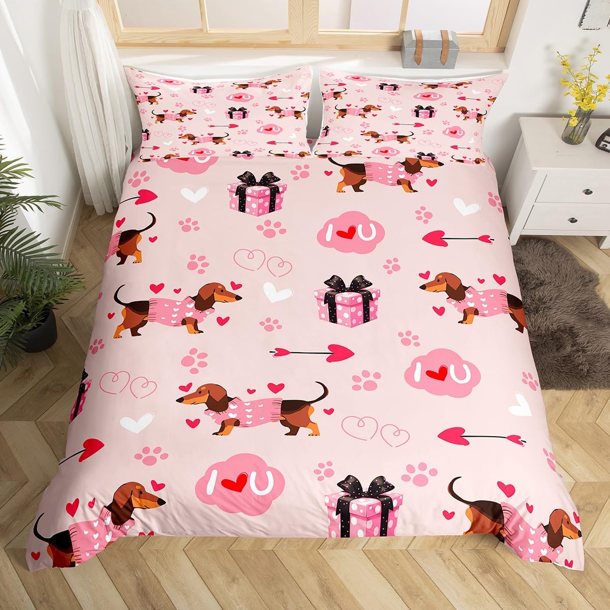 Cute Dachshund Bedding Sets King Size,Valentine's Day Duvet Cover Set 3Pcs for Kids Girls Boys Adult Room Decor,Pink Love Heart Print Comforter Cover Romantic Dog Paw Quilt Cover,2 Pillowcases