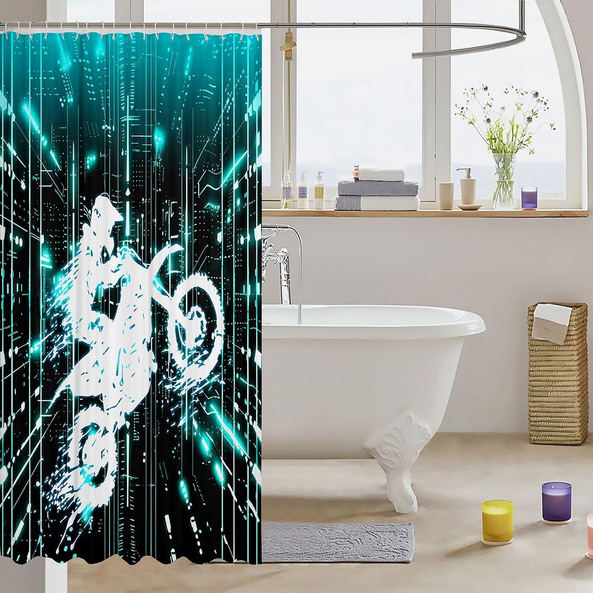 Feelyou Kids Dirt Bike Bath Curtain Racing Motocross Rider Bathroom Shower Curtain Set Boys Girls Motorcycle Shower Curtain Motorbike Teens Bathroom Accessories Bedroom Decor 72"x78"
