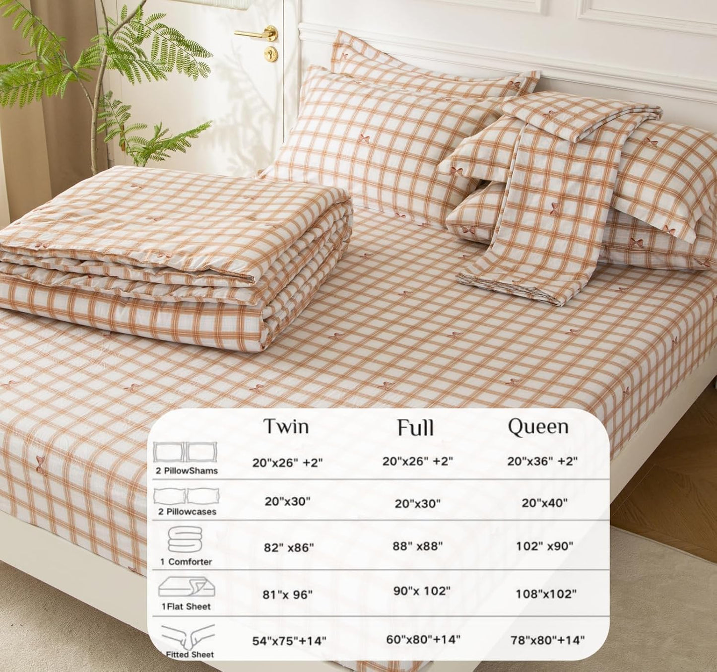 SDY Bowknot Checkered Twin Size Comforter Set, Luxury Soft Bed in a Bag Twin 5 Pieces, All Season Bedding Set with Comforters, Sheets, Pillowcase & Sham
