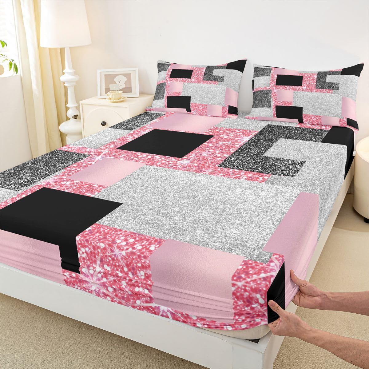 Feelyou Modern Abstract Bed Sheets Set Queen Size Geometric Aesthetic Deep Pocket Fitted Sheet Red Glitter Bedding Sets Soft Bed Set 4Pcs with 2 Pillow Cases