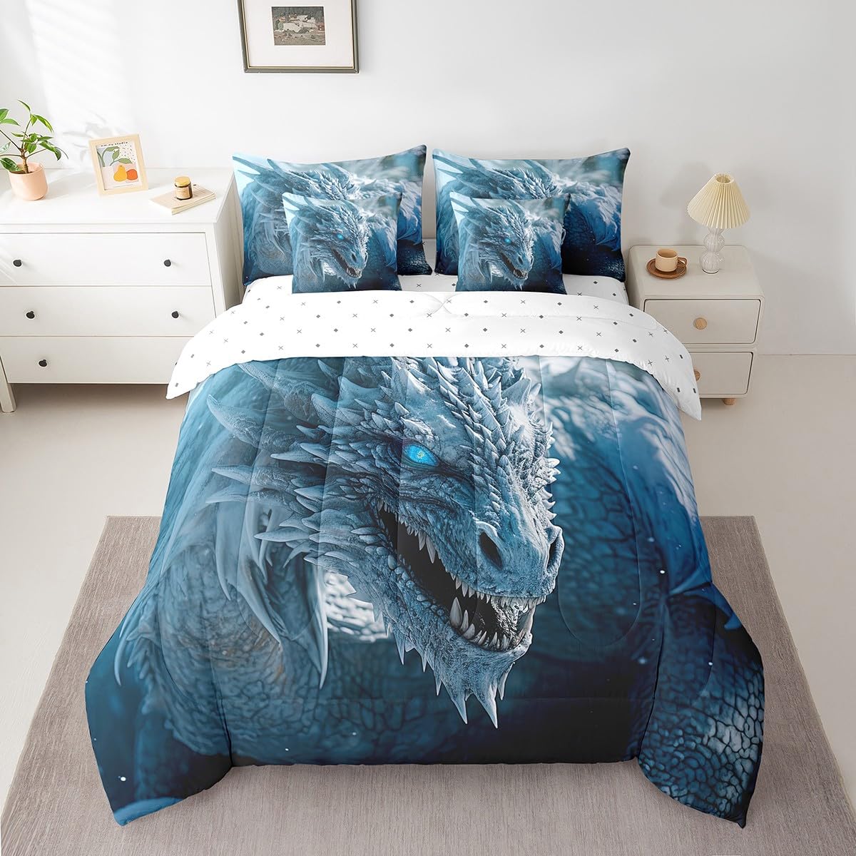 7Pcs 3D Dragon Comforter Sets & Collections Ice Dragon Queen Size Bedding Sets for Boys 3D Blue Dragon Comforter with Sheets, Mysterious Wildlife Style Quilt Comforter Set Bed in a Bag 7-Piece