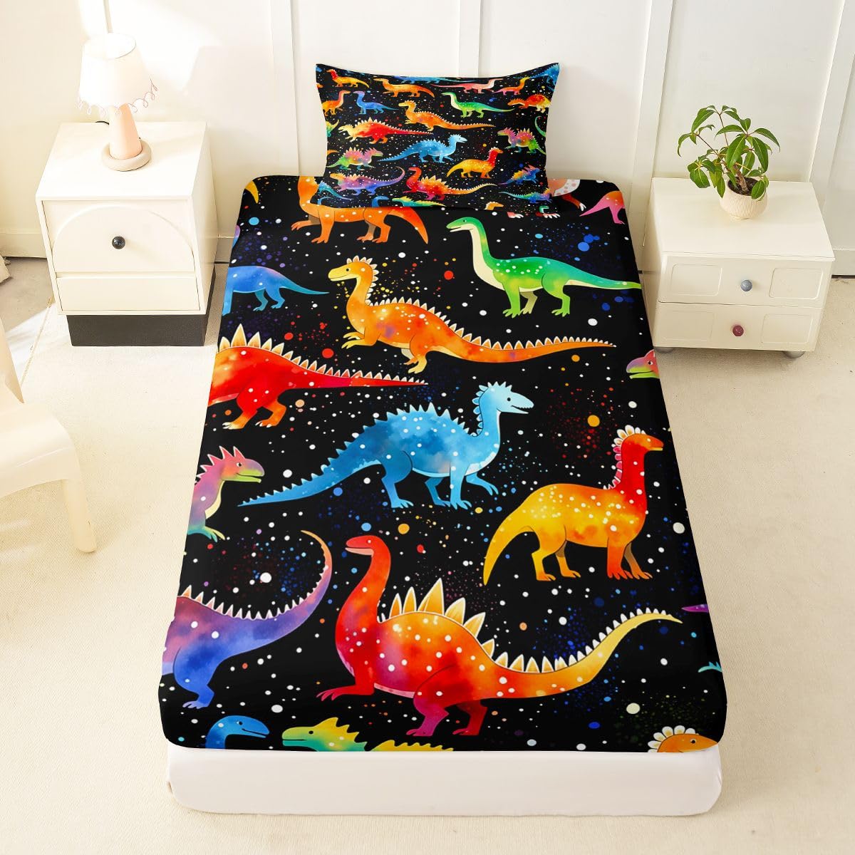 Feelyou Dinosaur Bed Sheets Set Twin Size 3D Digital Print Bed Set Jungle Dino Deep Pocket Fitted Sheet Wild Animal Breathable Soft Lightweight Microfiber Orange Blue Red