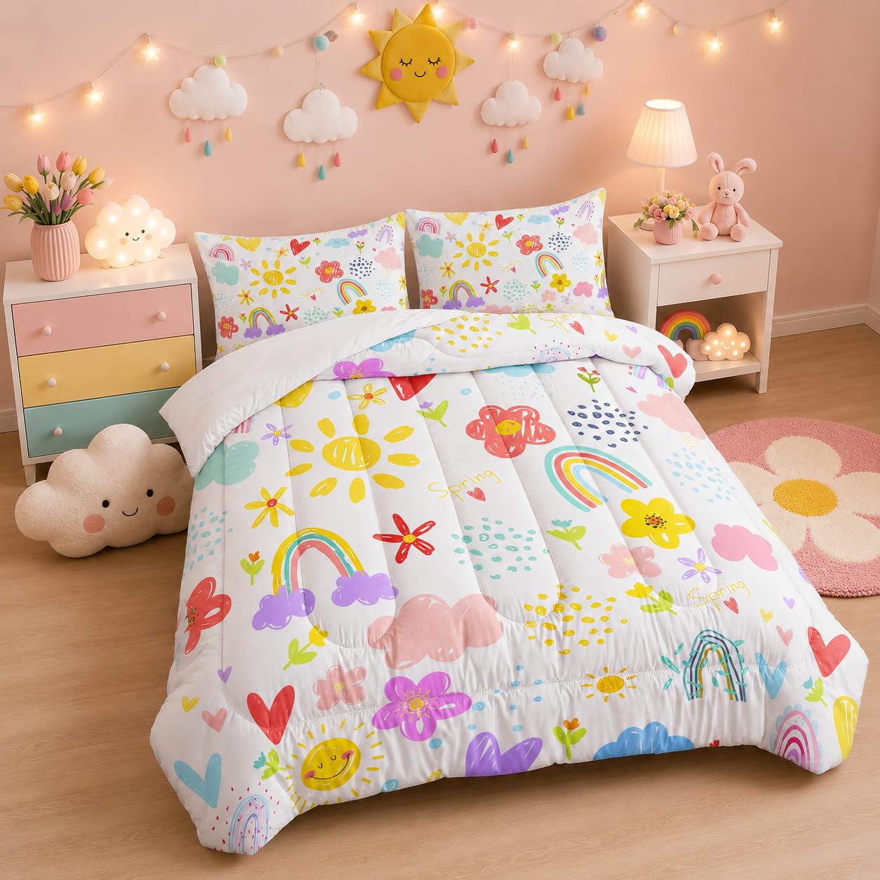 XYNHML Colorful Rainbow Comforter Graffiti Cute Sun Flowers Bedding 3Pcs Full Cartoon Hearts Cloud Pattern Quilt Set for Kids Teens Girls Boys Raindrop Bed Set with 1 Comforter and 2 Pillowcases