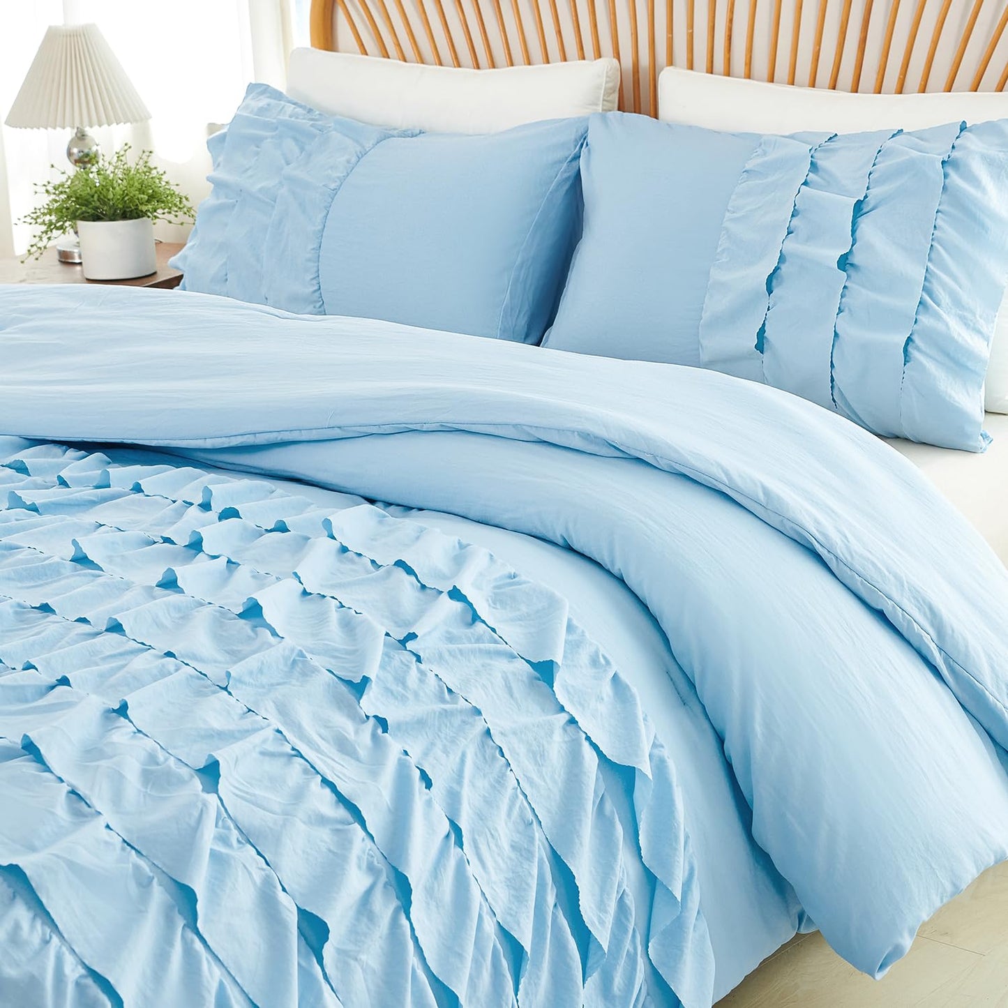PERFEMET Ruffles Comforter Set 3 Pieces Light Blue Queen Comforter Set Shabby Chic Bedding Sets for Women Teen Girls Fluffy for All Season