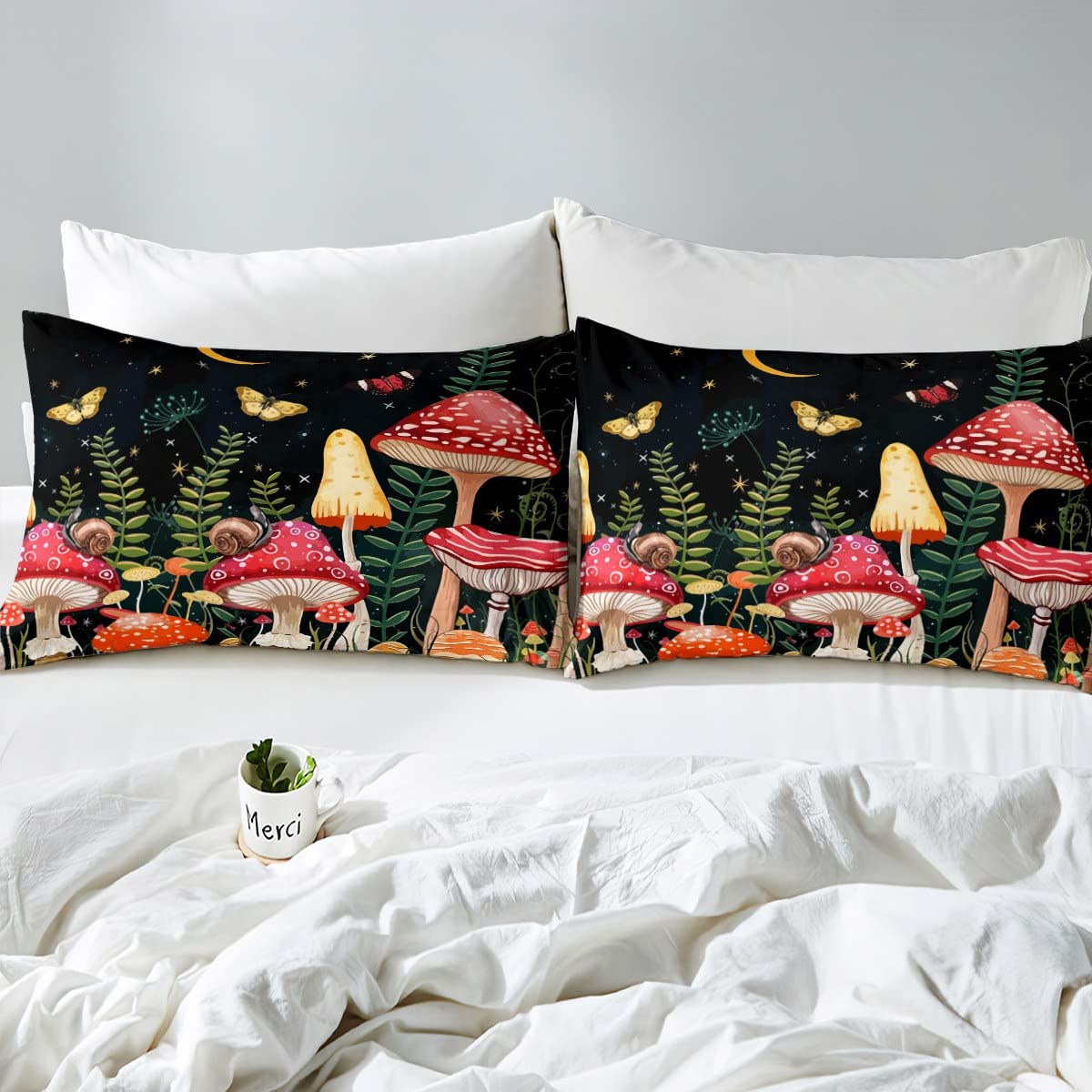 Feelyou Kids Mushroom Bedding Set Natural Wild Fungus Comforter Set for Kids Boys Girls Botanical Plants Duvet Set Butterfly Comforter 1 Comforter Set with 2 Pillowcases Full Size