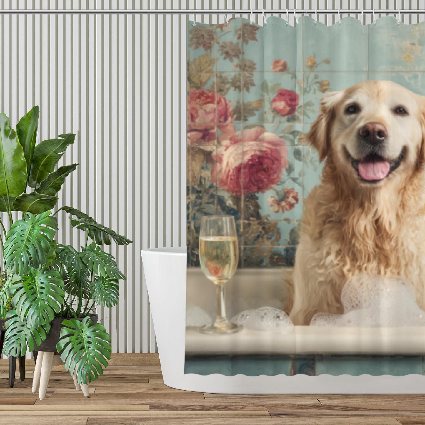 Wordatu Golden Retriever Shower Curtain 72x72 Inch Fabric 12 Hooks Bath Soap Shower Curtain Fun Ocean Teal Green Bathtub Waterproof Polyester