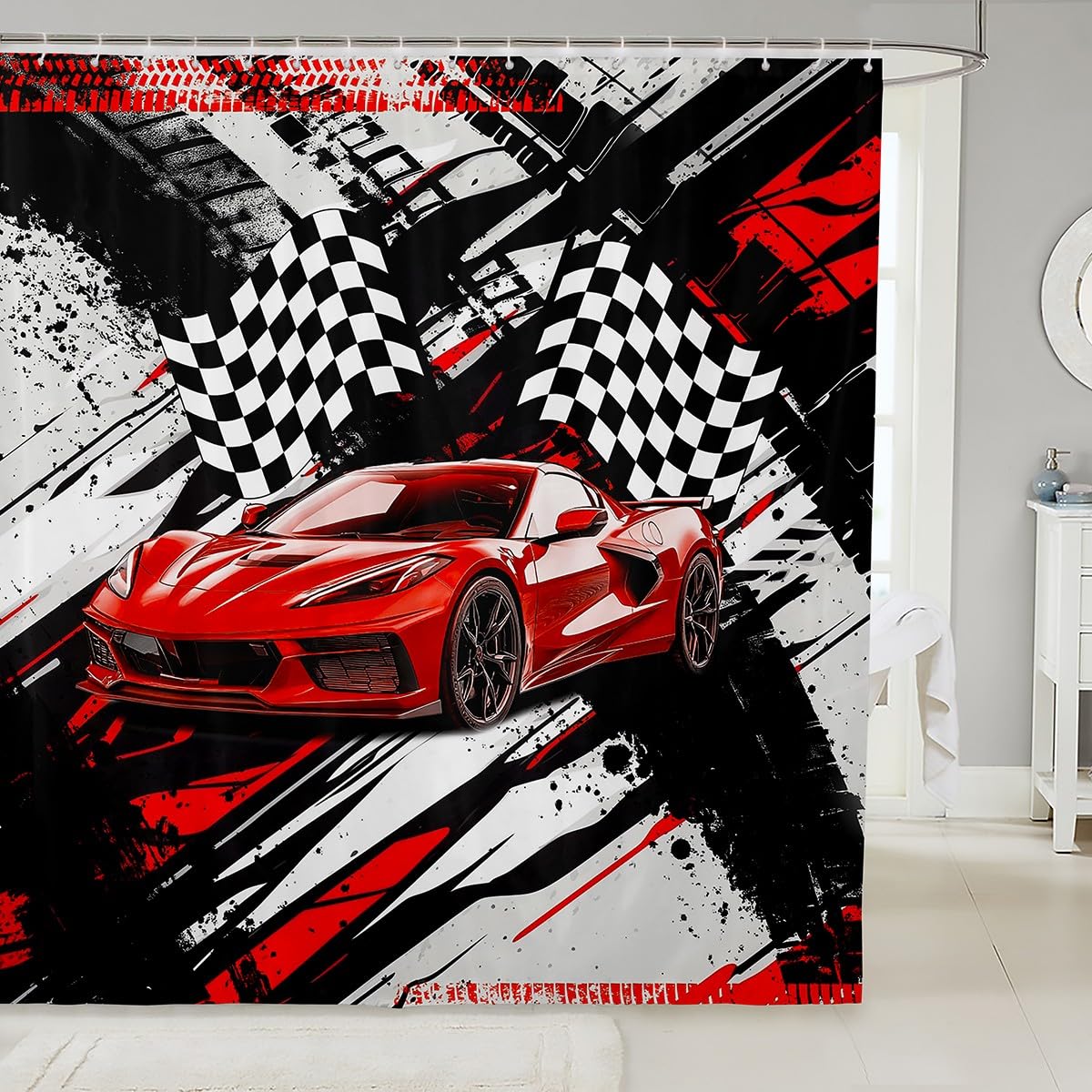 Feelyou Race Car Shower Curtain 72"x72" Speed Sports Car Check Flag Bath Curtain for Boys Girls Teens Racing Wheel Bath CurtainExtreme Sports Kids Bathroom Accessories Automobile