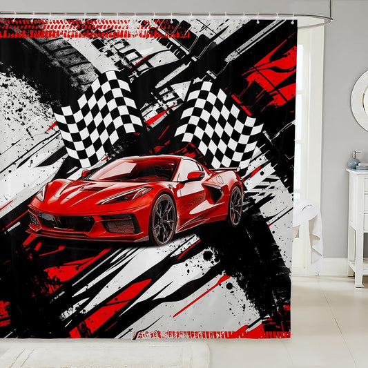 Feelyou Race Car Shower Curtain 72"x72" Speed Sports Car Check Flag Bath Curtain for Boys Girls Teens Racing Wheel Bath CurtainExtreme Sports Kids Bathroom Accessories Automobile