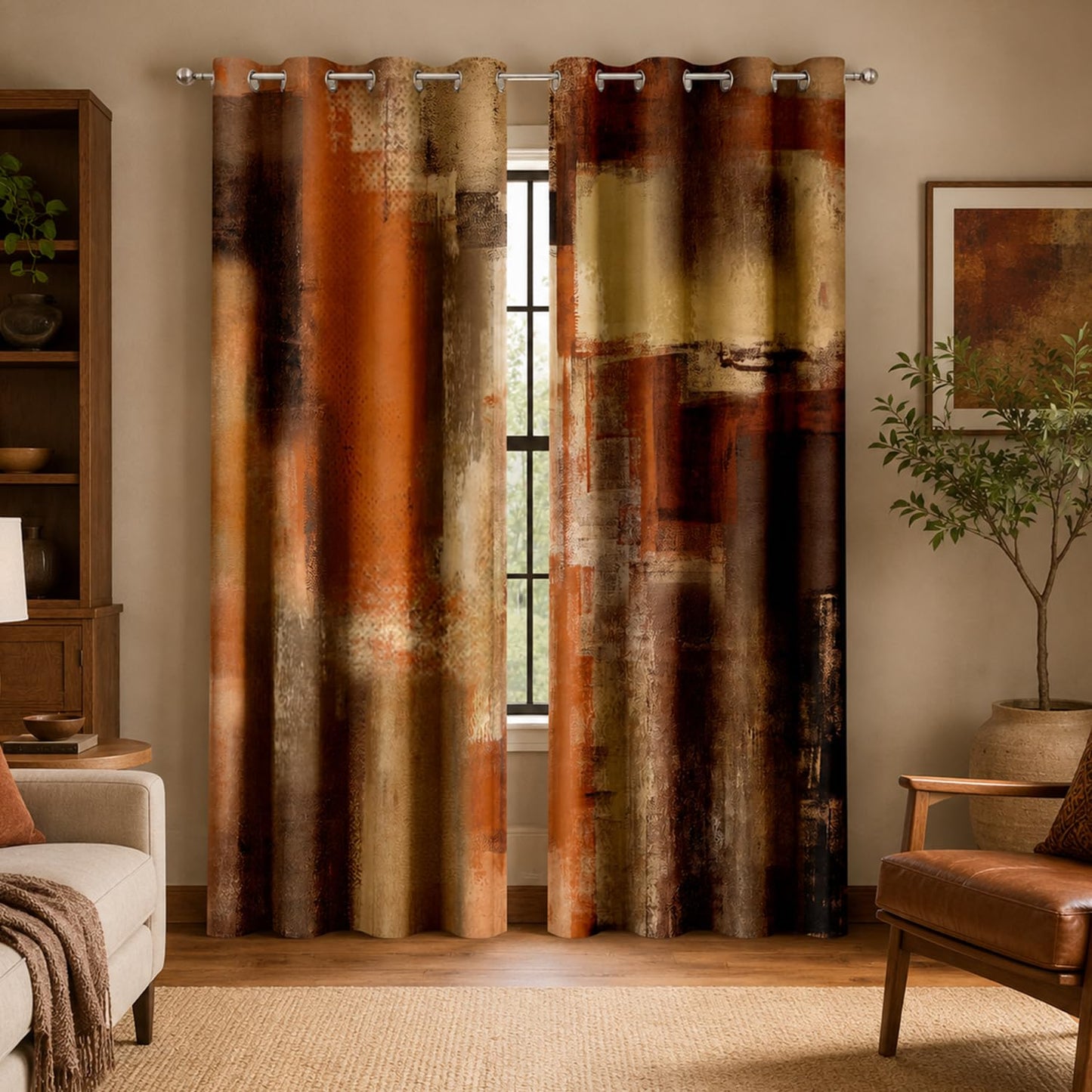 JAZEAOI Burnt Orange Abstract Blackout Curtains, Modern Art Red Brown Rust Black Out Window Drapes for Bedroom Living Room Grommet Thermal Insulated Room Darkening Home Decor, 2 Panels 52x84 Inches