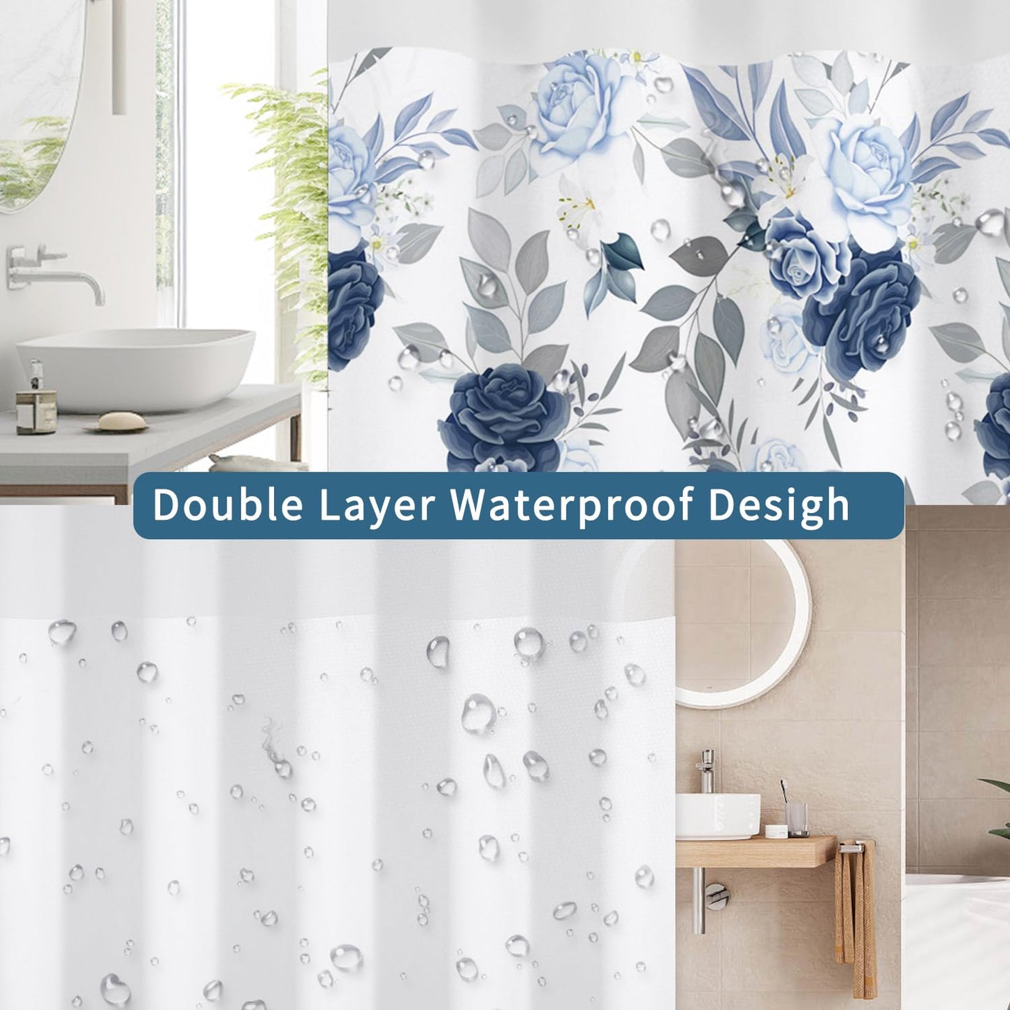 NAEMBCU Boho Floral No Hook Shower Curtain with Snap in Liner Set 71x74 in