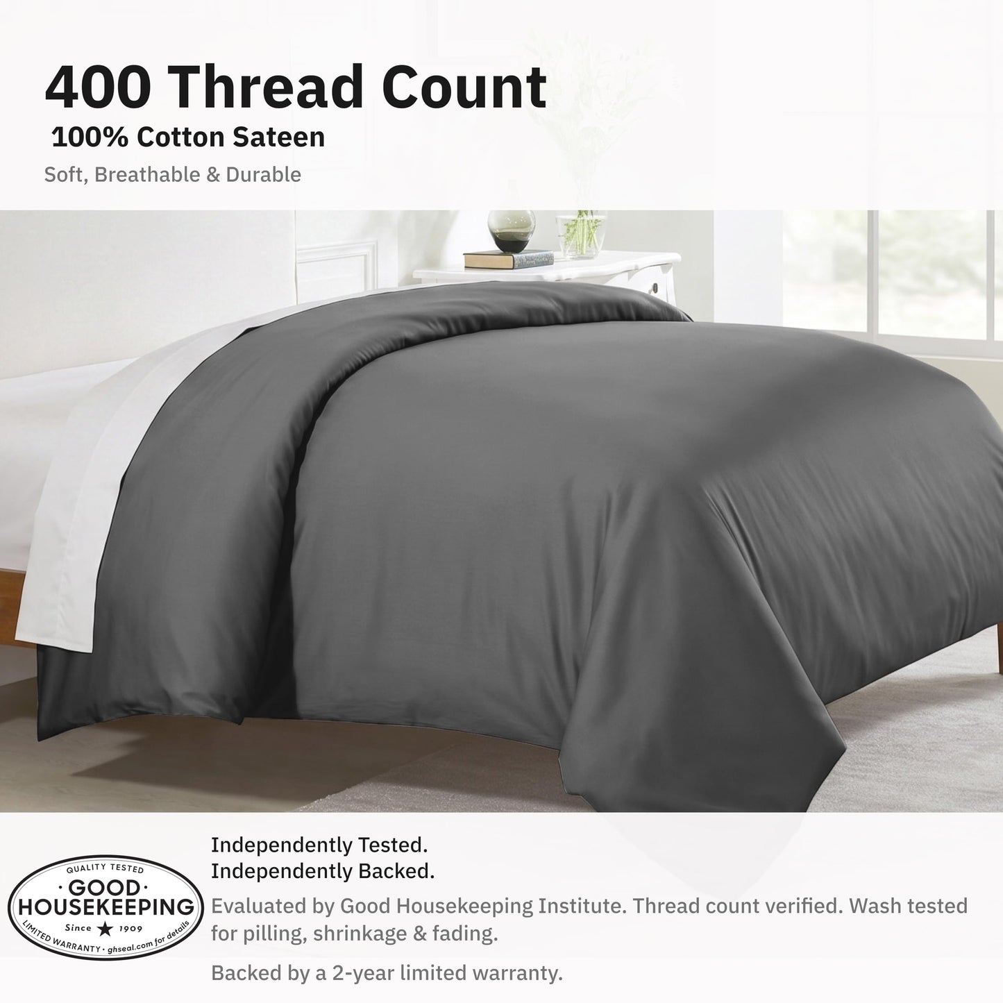 California Design Den Full/Queen 100% Cotton Duvet Cover Only - Winner Good Housekeeping Best Bedding Awards 2025, 400 Thread Count, Sateen Duvet Covers Queen, Button Closure & Corner Ties - Grey