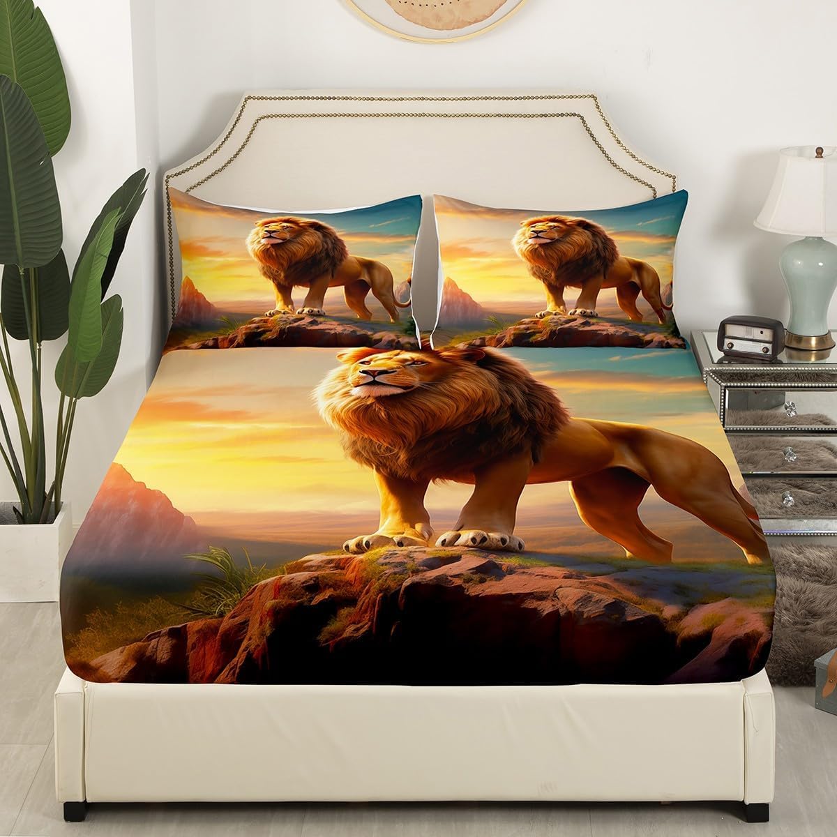 Homewish Fierce Lion Fitted Sheet Queen Size,Wild Animal Theme Bedding Set for Kids Teens Adults Men Room Decor,African Plateau Natural Scenery Sheet Set 3Pcs,3D Lion Sunset Bed Sheet,2 Pillowcases