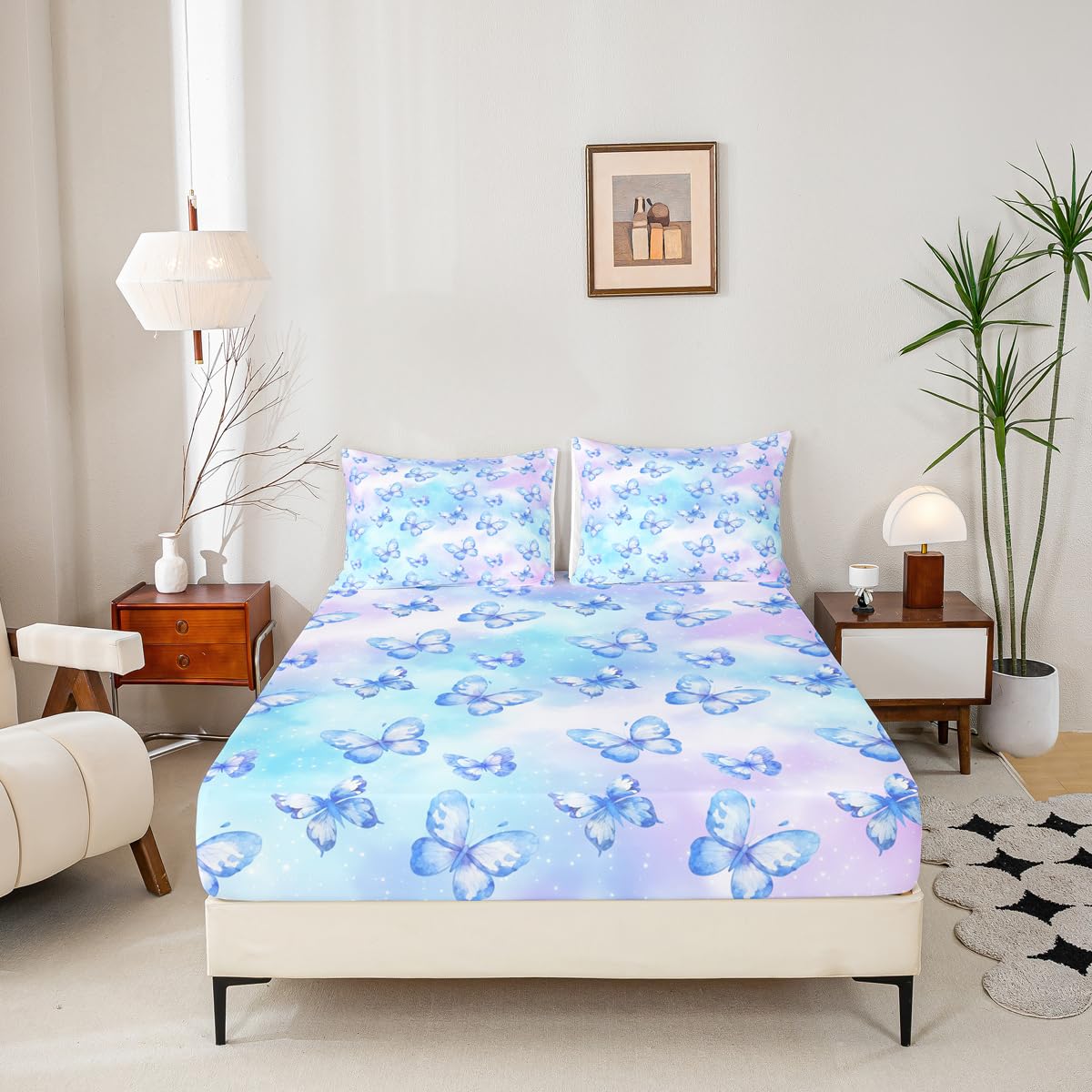 Erosebridal Pink Blue Butterfly Sheet Set Twin Watercolor 3D Printed Bed Sheets Set Purple Colorful Rainbow Sheets for Boys Girls Fantasy Dreamy Princess Flat Fitted Sheet with 1 Pillow Case