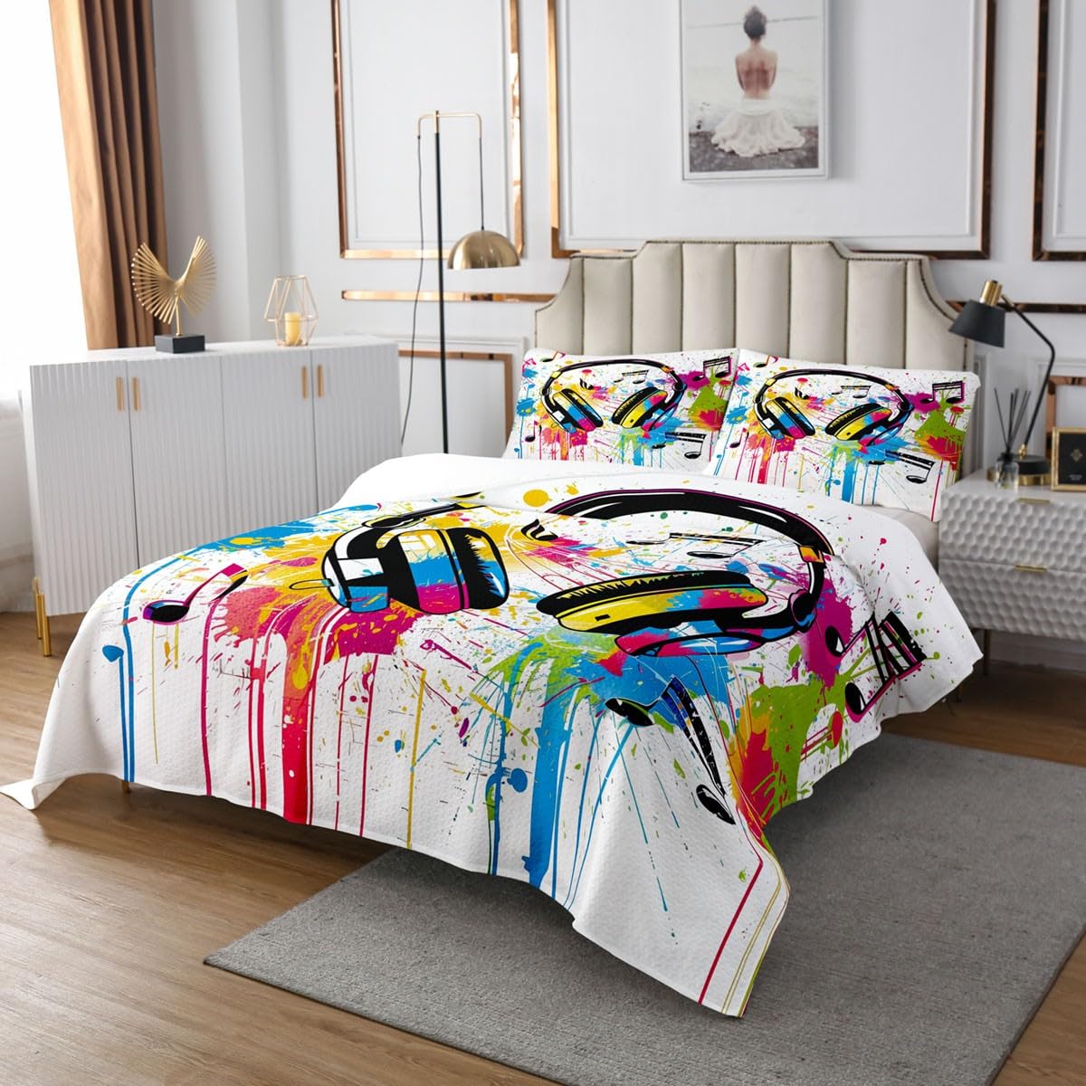 Homewish Cool Headset Bedspread King Size,Video Games Bedding Set 3Pcs for Kids Girls Boys Adult Room Decor,Music Lover Quilt Comforter Fashion Modern Coverlet,2 Pillowcases